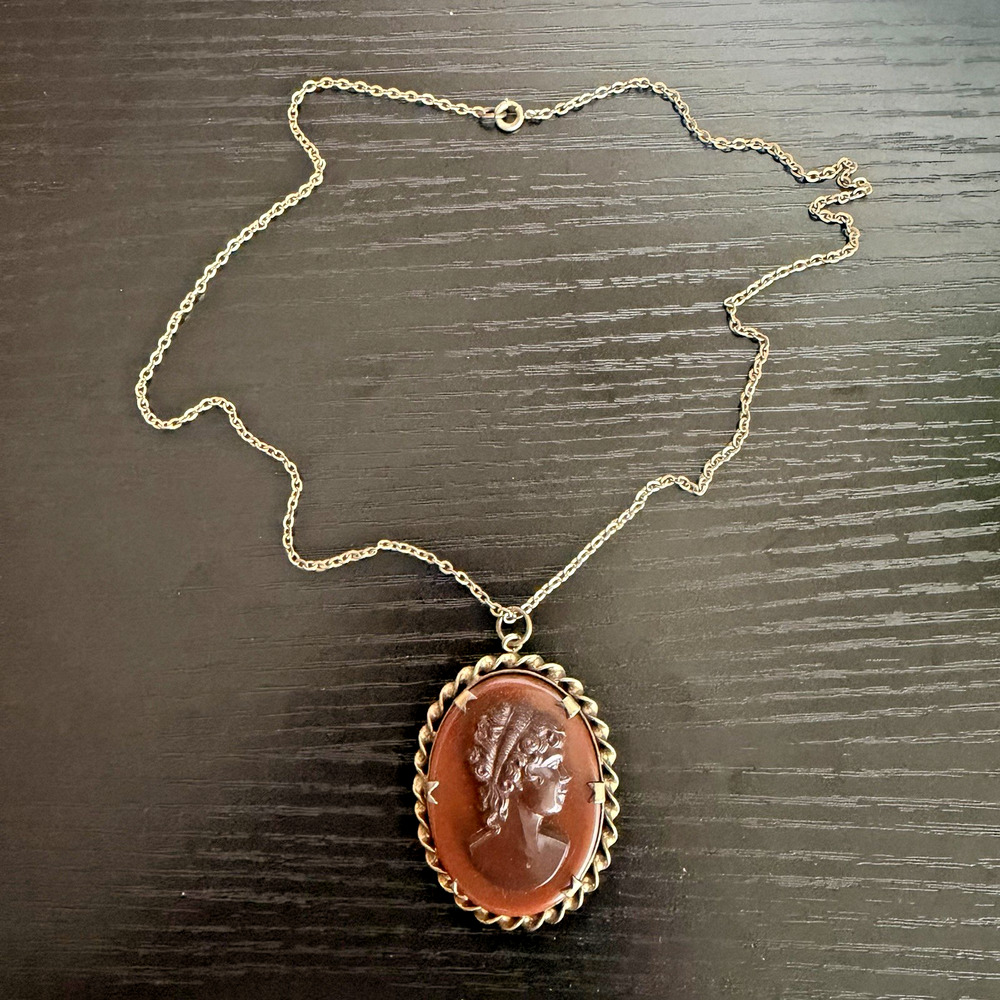 Vintage Brown Cameo Necklace Oval Lady Profile Gold Tone Rope Frame 18”